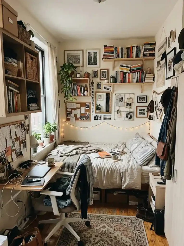 Ultra realistic small bedroom with overcrowded wall furniture layout creating visual clutter, realistic compact apartment atmosphere, Pinterest-style interior photography
