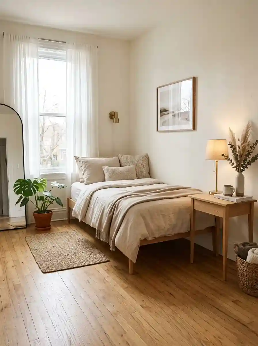 Ultra realistic small bedroom with visible flooring and slim-legged furniture, warm neutral decor, cozy airy atmosphere, Pinterest-style interior photography