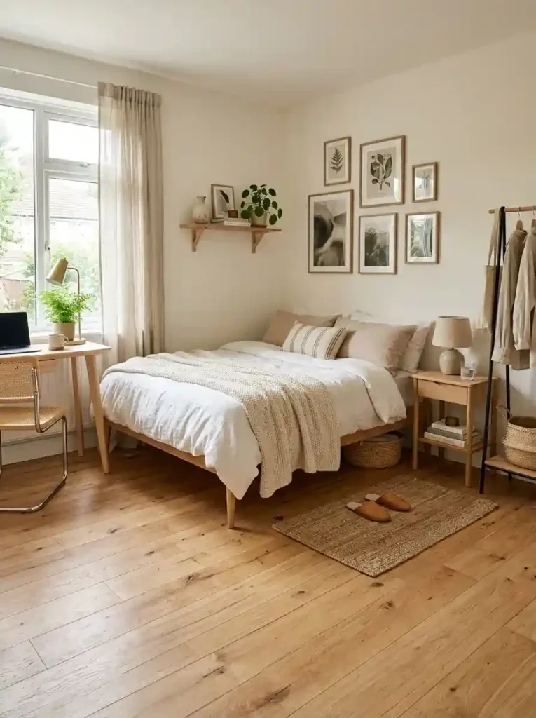 Ultra realistic small bedroom with visible flooring and slim-legged furniture, warm neutral textures, cozy airy atmosphere, Pinterest-style interior photography