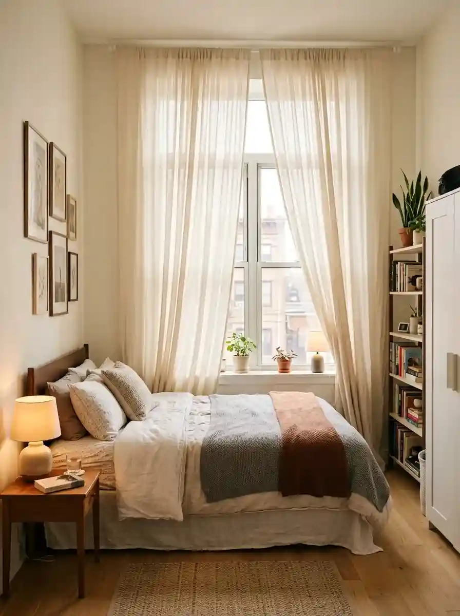 Small apartment bedroom with floor-length curtains and vertical visual lines, warm ambient lighting, realistic airy atmosphere