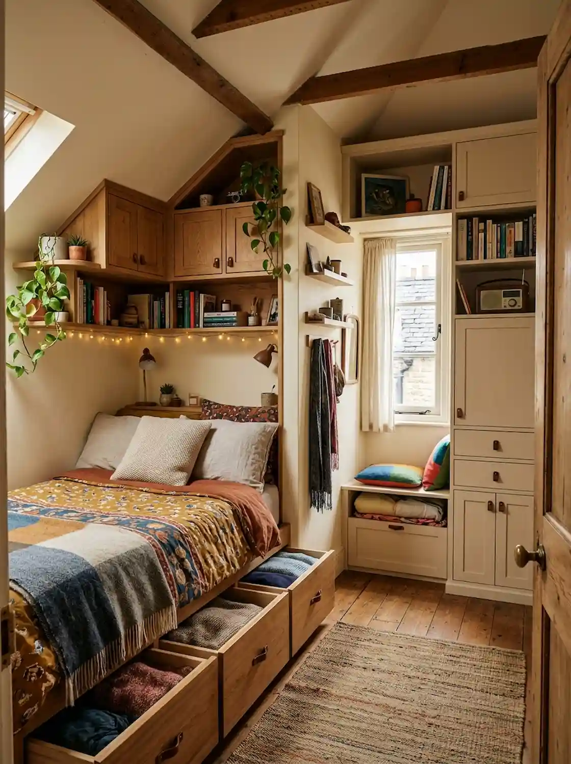 10. Tiny awkward bedroom with hidden storage solutions in unused corners, warm cozy apartment atmosphere