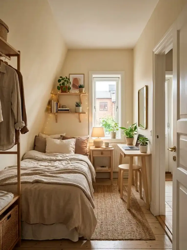 11 Awkward-shaped tiny bedroom with slim furniture and balanced layout, warm neutral styling, realistic apartment atmosphere