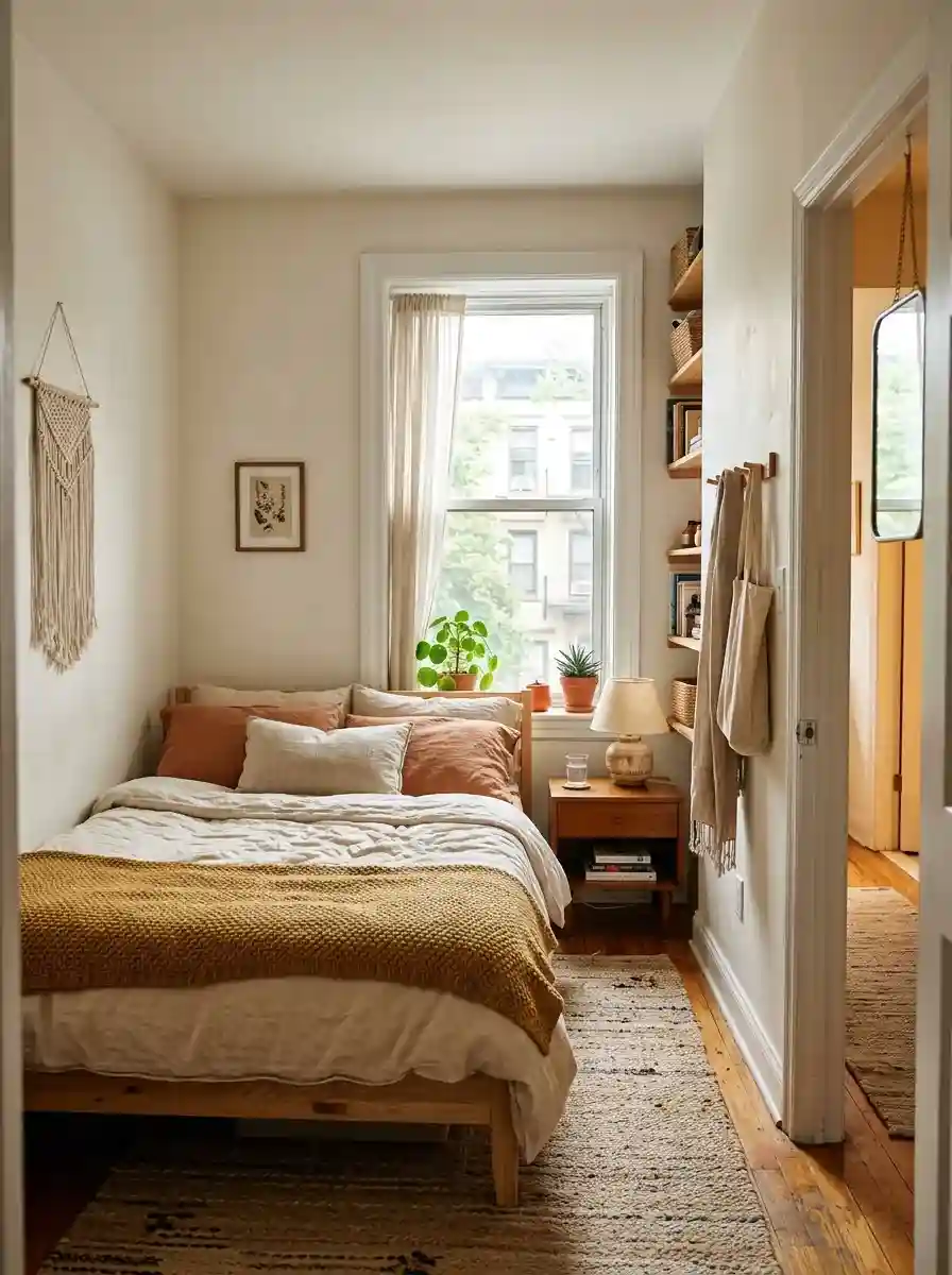 Tiny bedroom with minimal furniture layout and open movement flow, warm layered textures, realistic cozy apartment atmosphere