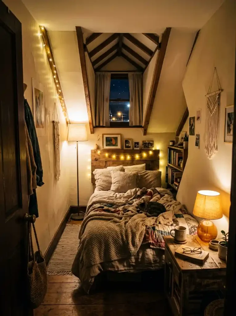Small awkward bedroom with warm layered lighting softening uneven architecture, realistic cozy nighttime atmosphere