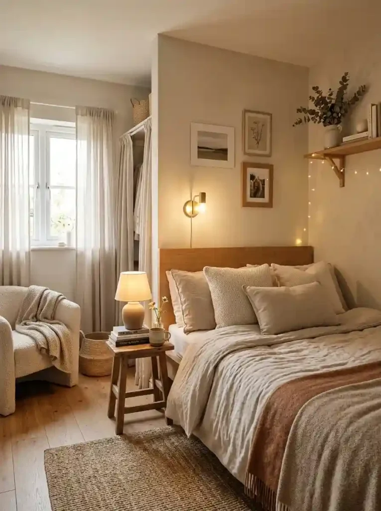 Ultra realistic small bedroom designed for emotional openness and visual calm, warm layered lighting, cozy neutral decor, Pinterest-style interior photography