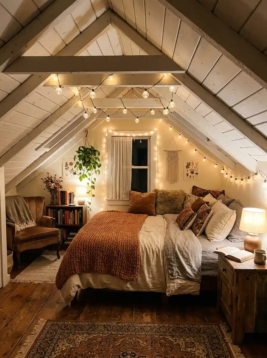 Awkward-shaped bedroom with strong cozy focal point around bed, warm ambient lighting, Pinterest-style photography