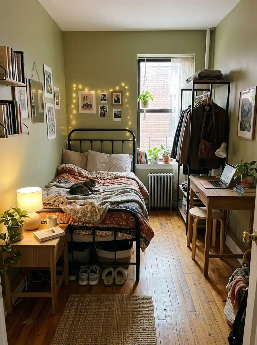 Tiny awkward bedroom with open-base furniture and visible flooring, warm cozy decor, realistic compact apartment atmosphere
