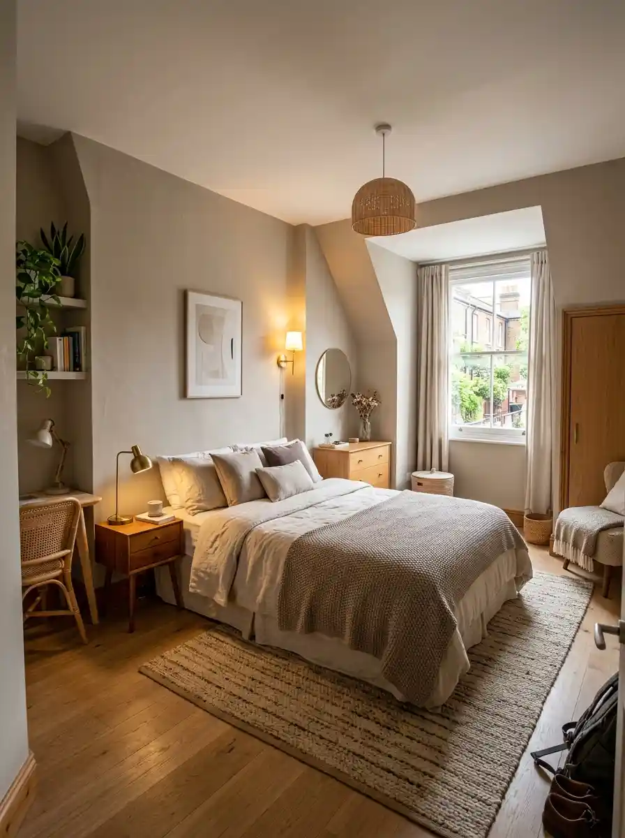 Awkward-shaped bedroom with balanced furniture distribution and warm neutral decor, realistic apartment layout