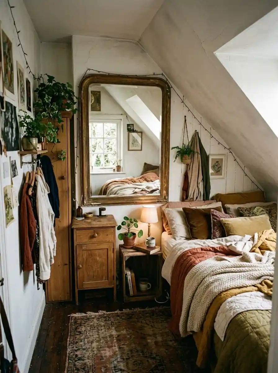 Small awkward bedroom with oversized mirror reflecting natural light, warm layered textures, realistic compact atmosphere