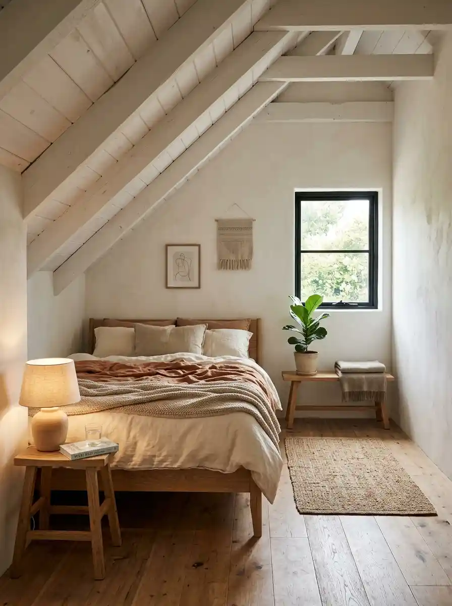 Minimal awkward-shaped bedroom with intentional empty space and warm layered decor, realistic calming atmosphere