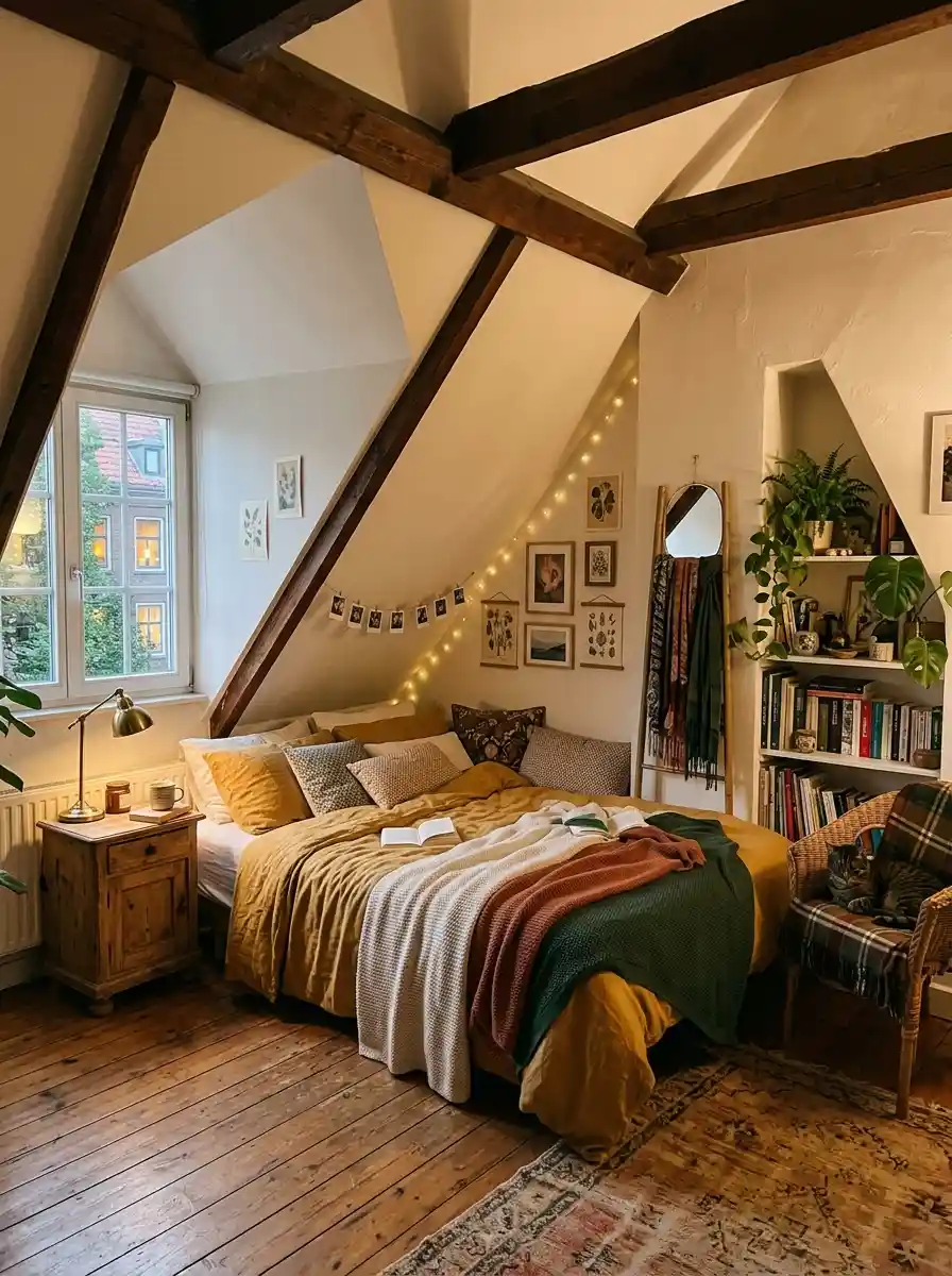 Cozy awkward-shaped bedroom embracing unique architecture and warm textures, realistic apartment atmosphere