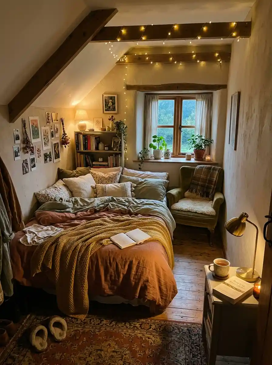 Ultra realistic awkward-shaped small bedroom focused on emotional comfort and cozy layout flow, warm layered lighting, Pinterest-style interior photography