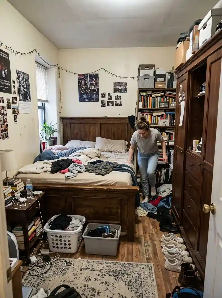 Tiny bedroom overwhelmed by oversized furniture pieces, cramped movement flow, realistic apartment atmosphere, cluttered visual layout