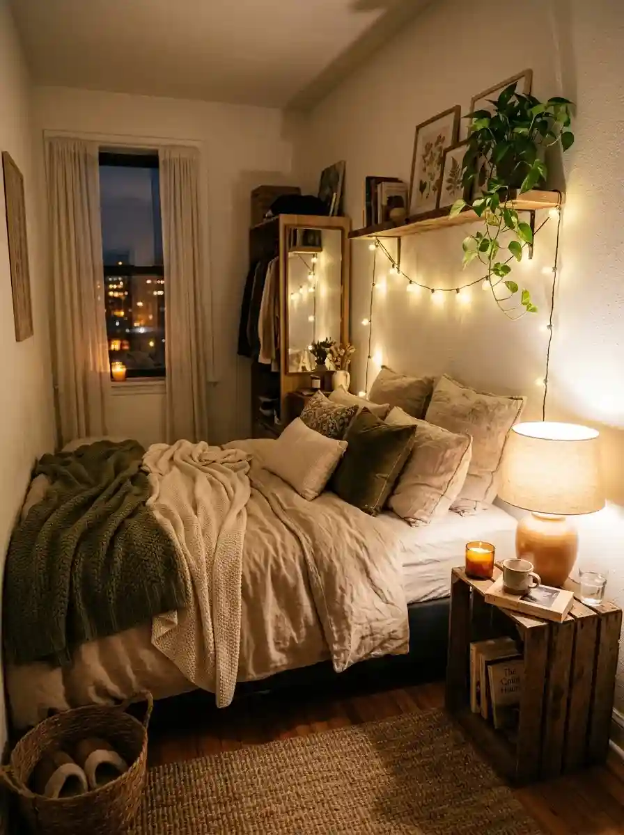 Tiny cozy bedroom with warm layered lighting and soft evening shadows, realistic apartment atmosphere, calming Pinterest-style photography