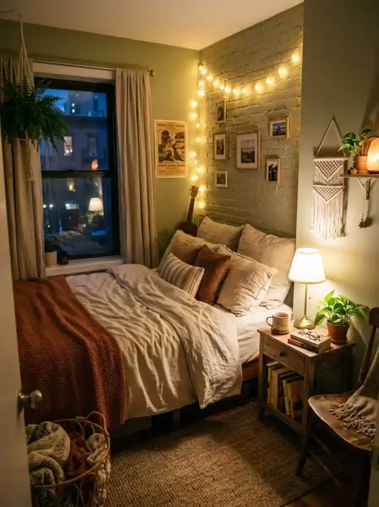 Tiny cozy bedroom with warm layered lighting and soft evening shadows, realistic apartment atmosphere, calming Pinterest-style photography