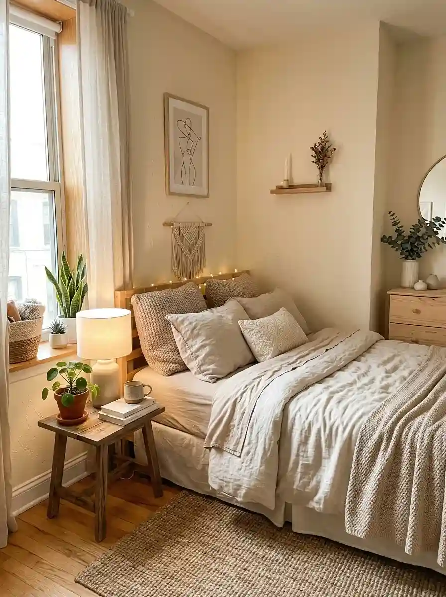 Small bedroom with slim light-toned furniture and warm neutral textures, realistic compact apartment atmosphere