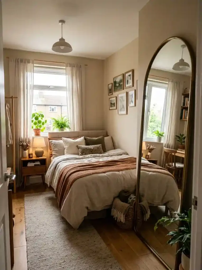 Small elegant bedroom with oversized mirror reflecting natural light, warm layered decor, realistic compact apartment atmosphere