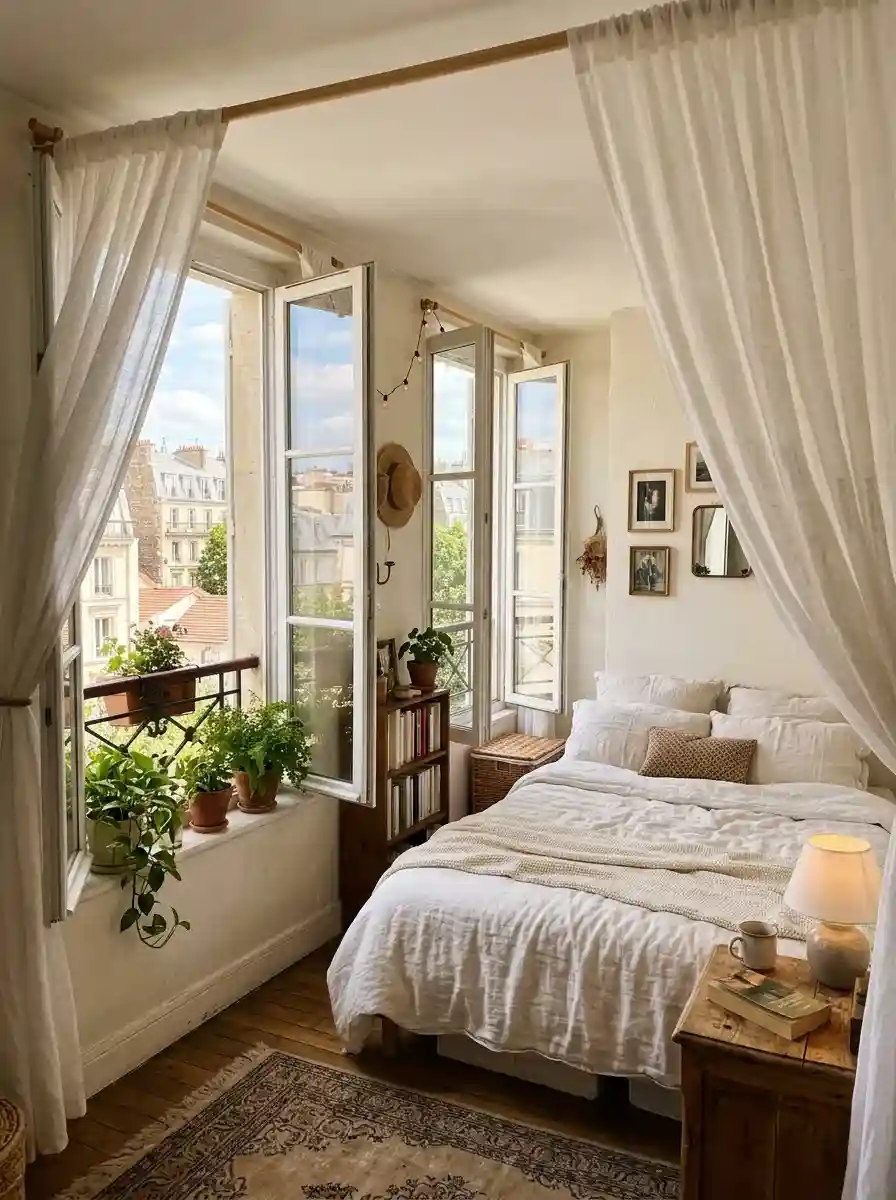 Tiny apartment bedroom with open windows and sheer curtains, warm natural daylight, airy realistic atmosphere