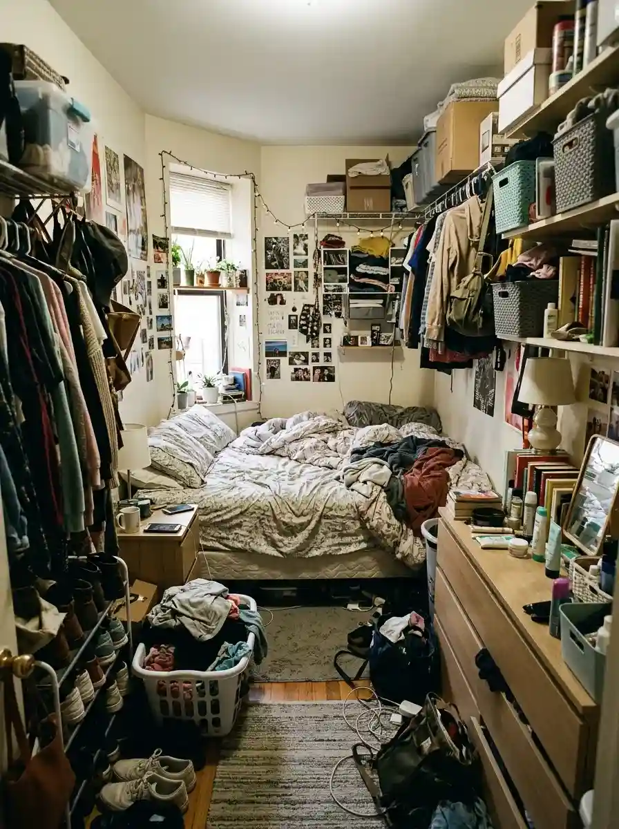 Tiny apartment bedroom with overcrowded corners and excessive storage creating visual clutter, realistic compact atmosphere