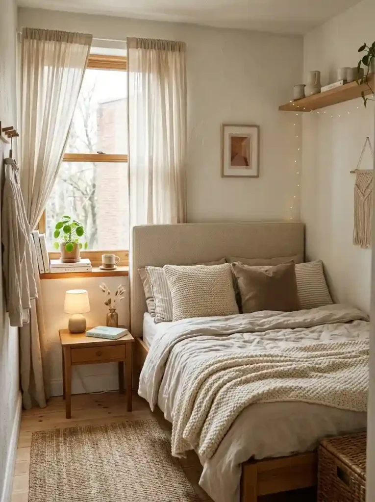 Tiny calming bedroom with cohesive warm neutral palette, layered textures, soft daylight, realistic cozy apartment atmosphere