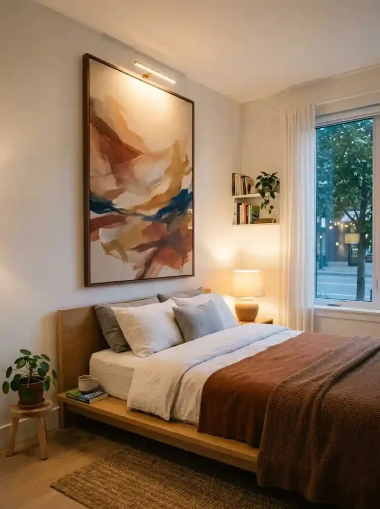 Minimal cozy bedroom with clean walls and oversized artwork, warm ambient lighting, realistic compact apartment atmosphere