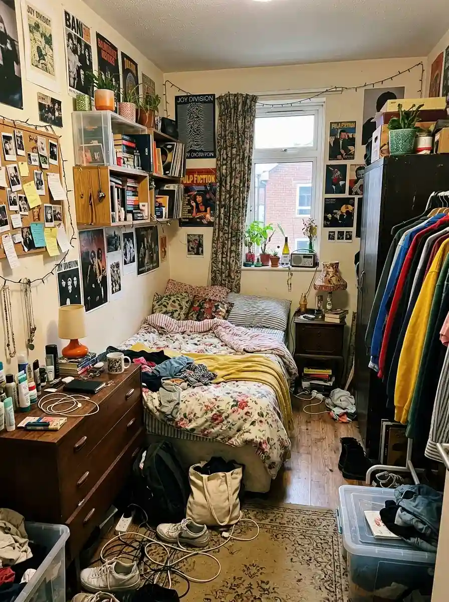 Small bedroom with scattered mismatched storage pieces creating cluttered visual noise, realistic apartment atmosphere
