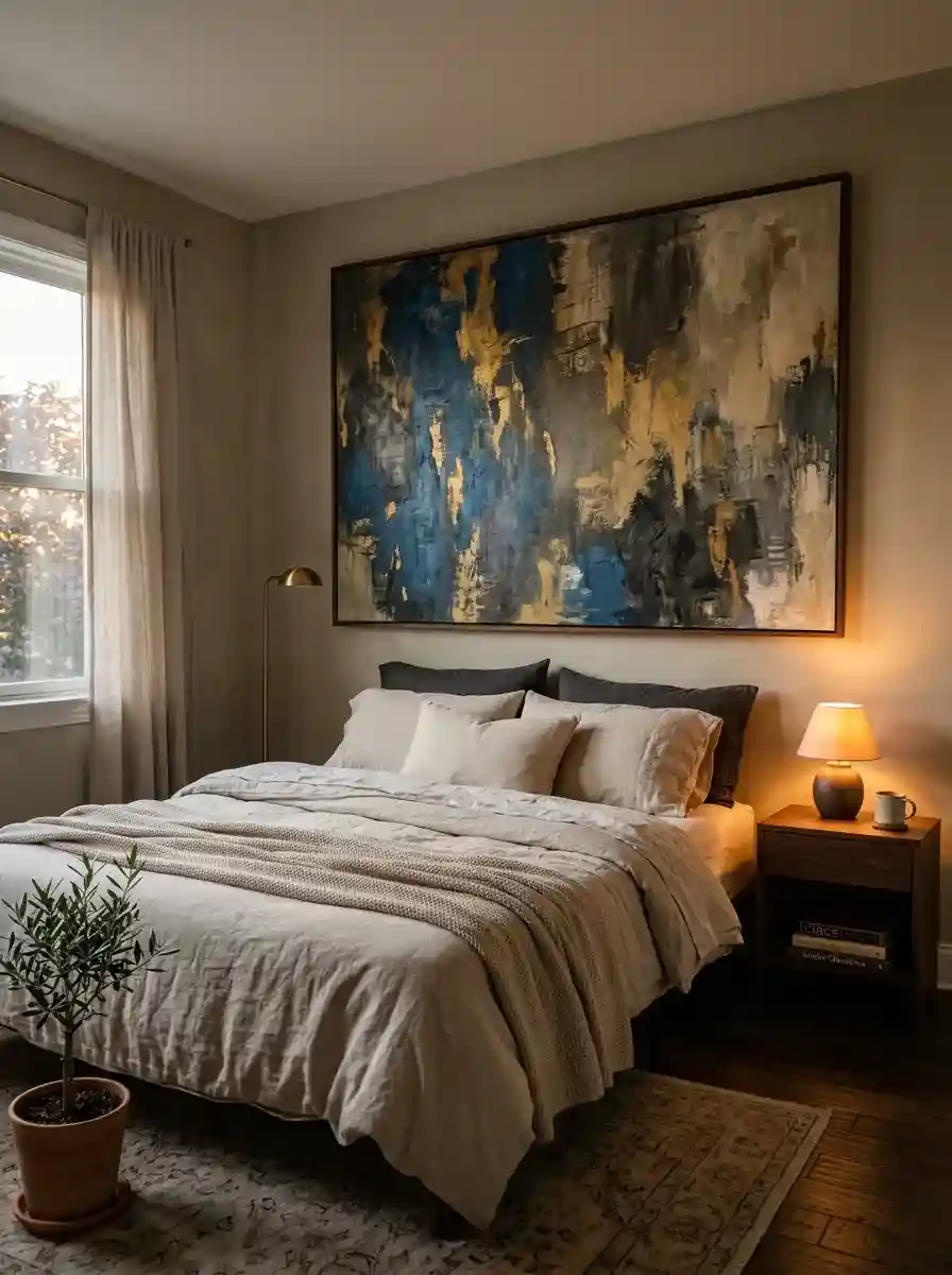Small elegant bedroom with oversized artwork and minimal decor styling, warm layered lighting, realistic cozy atmosphere