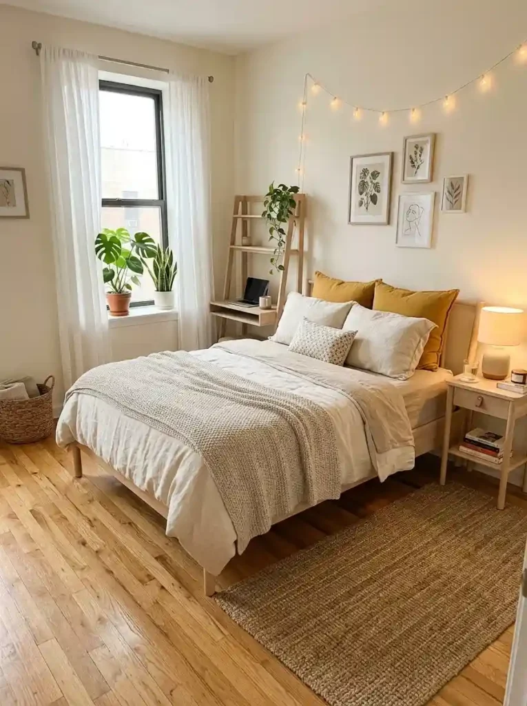 Small apartment bedroom with slim light-toned furniture and visible flooring, warm cozy atmosphere, Pinterest-style photography