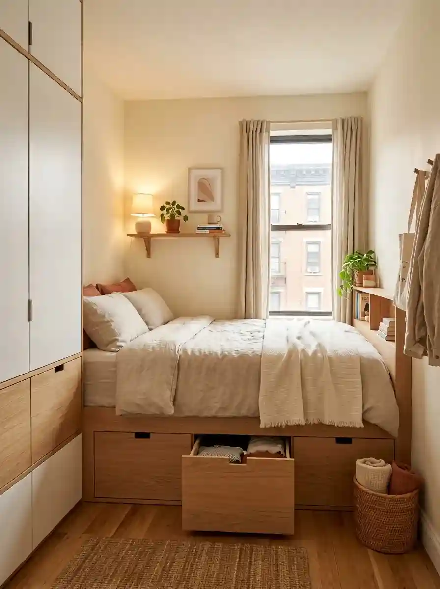 Tiny bedroom with hidden storage and visually clean surfaces, warm neutral decor, realistic apartment atmosphere, Pinterest-worthy photography
