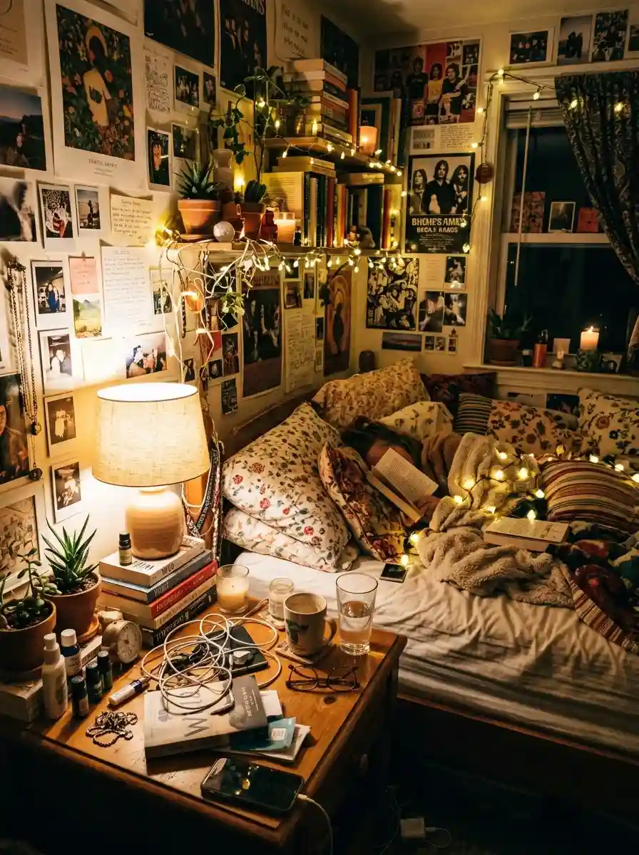 Tiny bedroom with overcrowded bedside setup and excessive decor around bed, warm lighting but visually cluttered atmosphere
