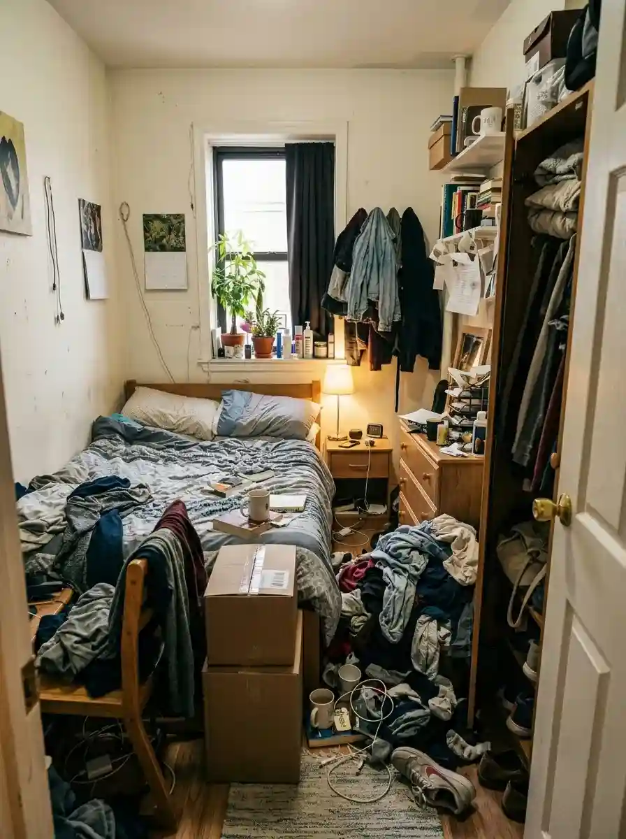 Small bedroom with blocked walking paths and awkward furniture placement, cramped realistic apartment atmosphere