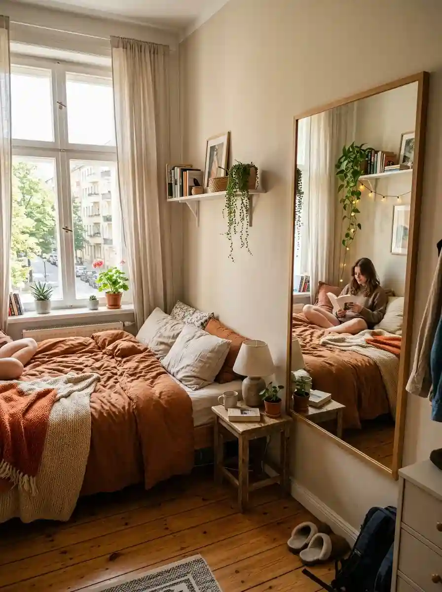 Small cozy bedroom with large mirror reflecting natural light and warm bedding, realistic compact apartment atmosphere