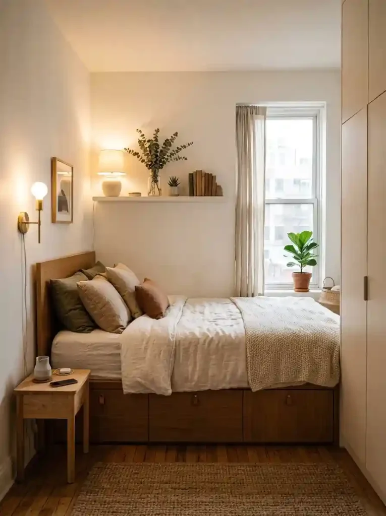 Tiny bedroom with hidden storage and visually clean surfaces, warm layered lighting, realistic apartment atmosphere, ultra realistic Pinterest photography