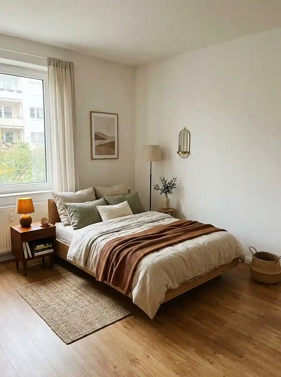 Minimal cozy bedroom with intentional empty space and warm layered decor, realistic apartment proportions, calming atmosphere