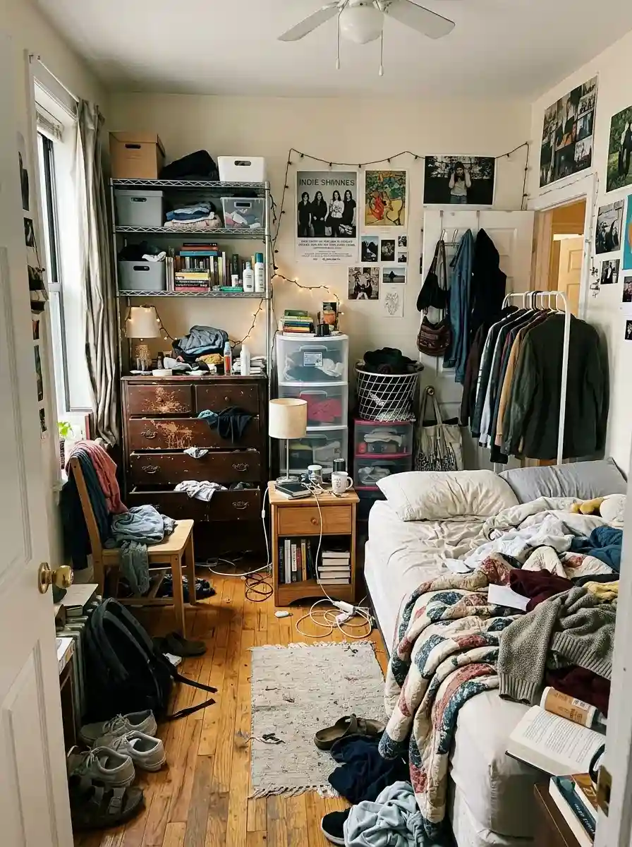 Tiny bedroom with mismatched furniture styles and cluttered color palette, realistic apartment atmosphere, visually overwhelming setup