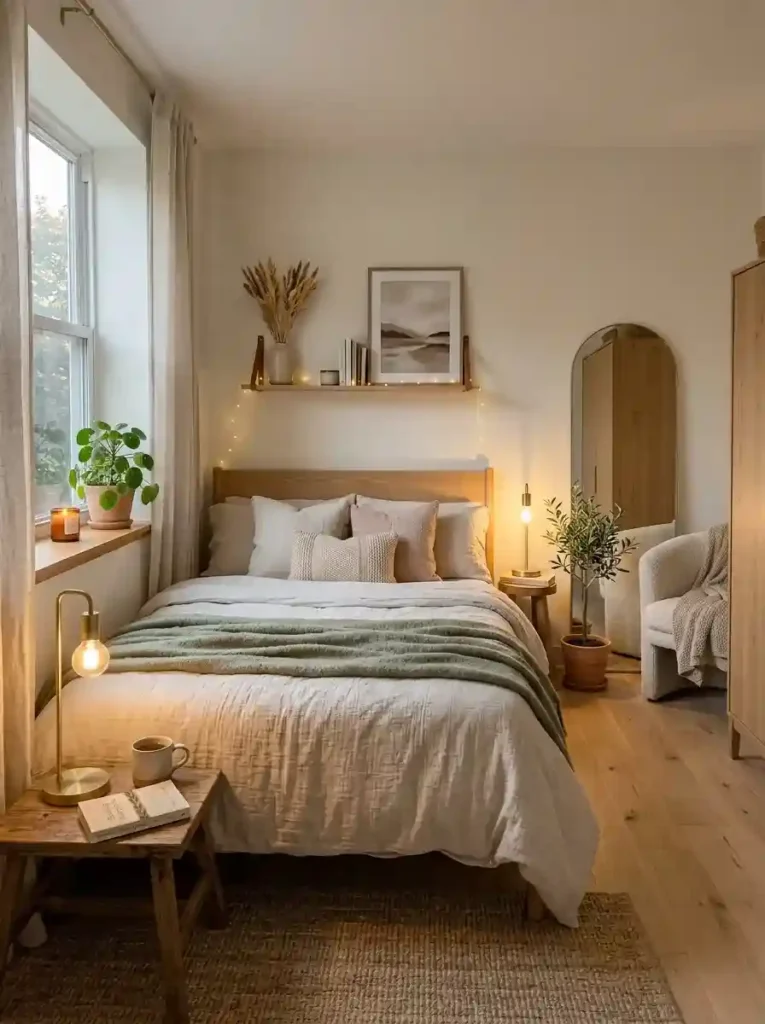 Ultra realistic small bedroom designed for emotional openness and visual calm, warm layered lighting, cozy neutral textures, Pinterest-style interior photography