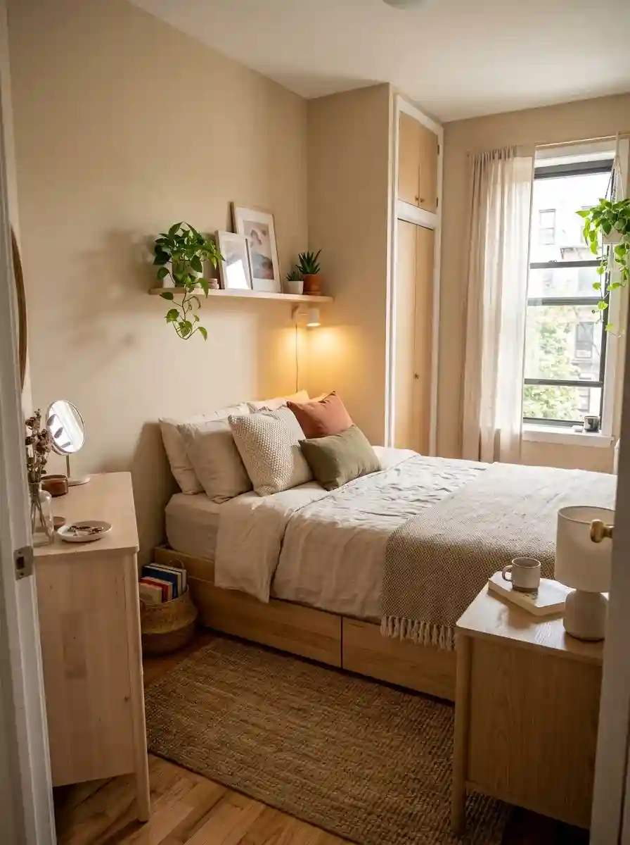 Tiny calming bedroom with cohesive warm neutral palette and layered textures, realistic apartment atmosphere, Pinterest-style photography