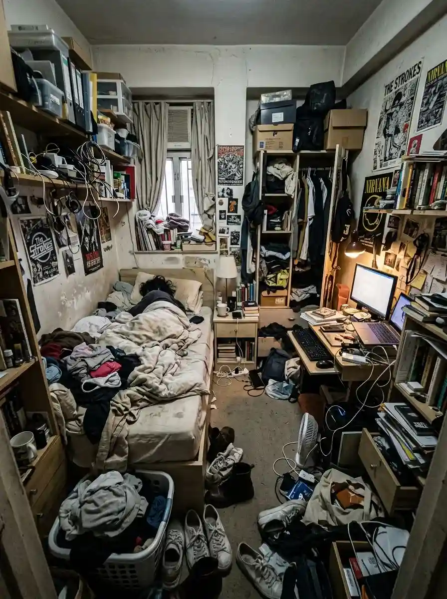Ultra realistic small bedroom overloaded with storage and visual clutter, emotionally cramped atmosphere, realistic apartment layout