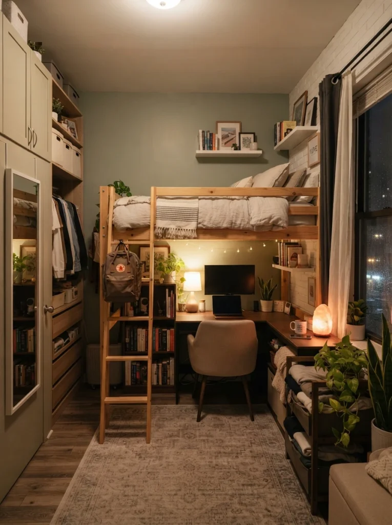 Tiny apartment bedroom with multifunctional storage furniture, warm soft lighting, realistic compact atmosphere, Pinterest-style ultra realistic interior photography