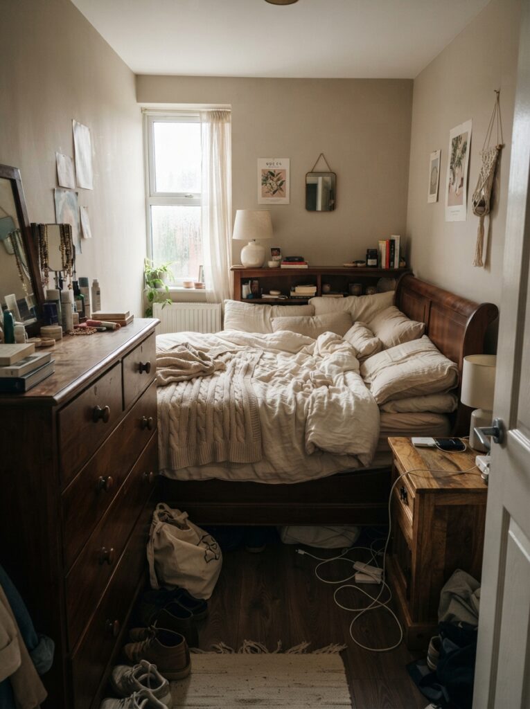 Small bedroom with cluttered floor and unused vertical wall space, realistic apartment atmosphere, warm neutral decor, visually cramped layout, ultra realistic Pinterest interior photography