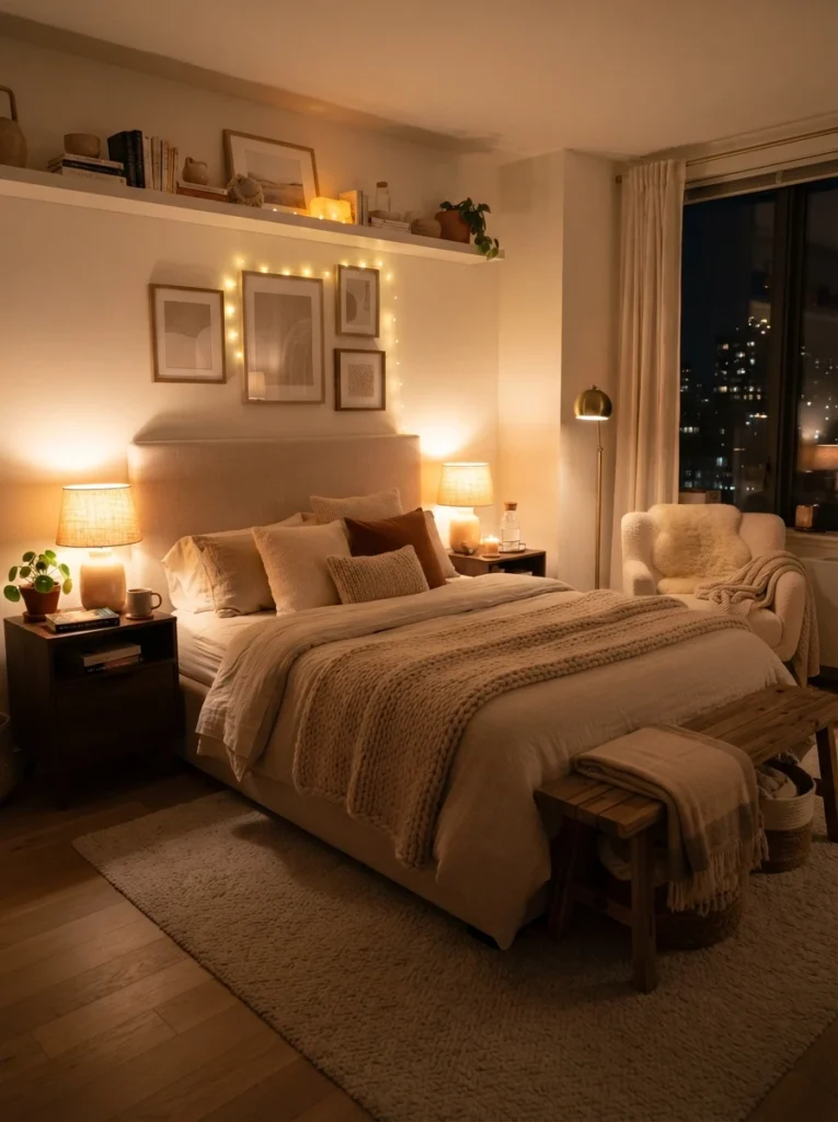 Warm cozy apartment bedroom with amber ambient lighting instead of blue LEDs, soft layered textures, realistic nighttime atmosphere, calming neutral decor, Pinterest-style ultra realistic photography
