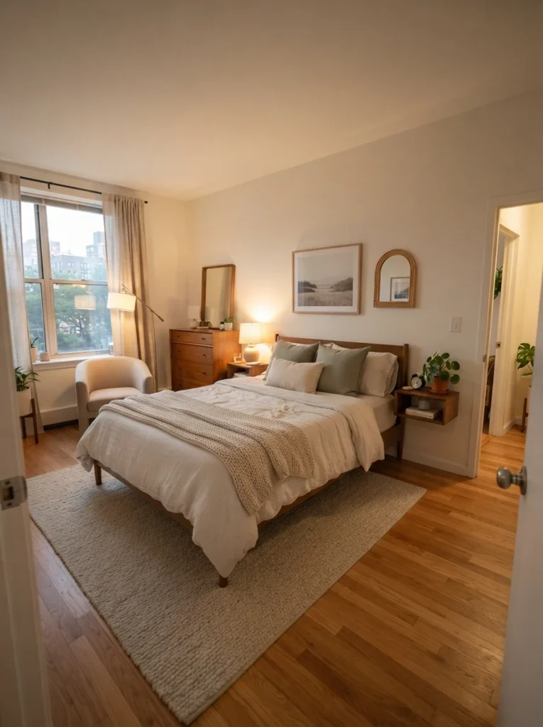Small apartment bedroom with open walking pathways and balanced furniture arrangement, warm soft lighting, realistic compact layout, calming atmosphere