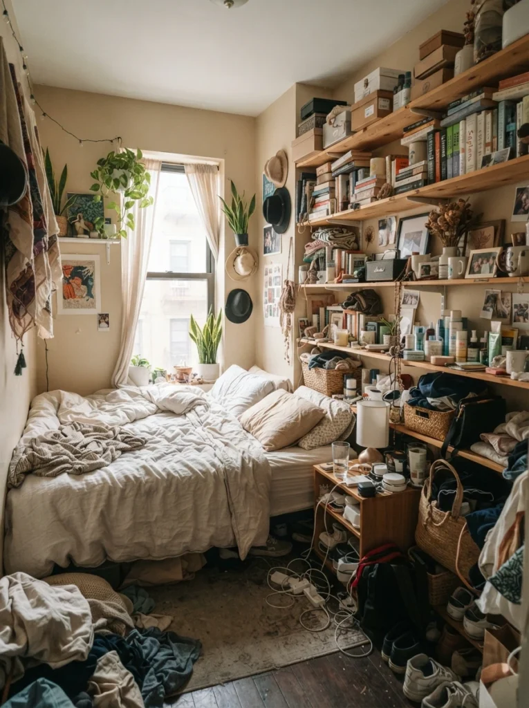 Tiny apartment bedroom with overcrowded open shelving creating visual clutter, warm neutral decor, realistic cramped atmosphere, ultra realistic Pinterest home photography
