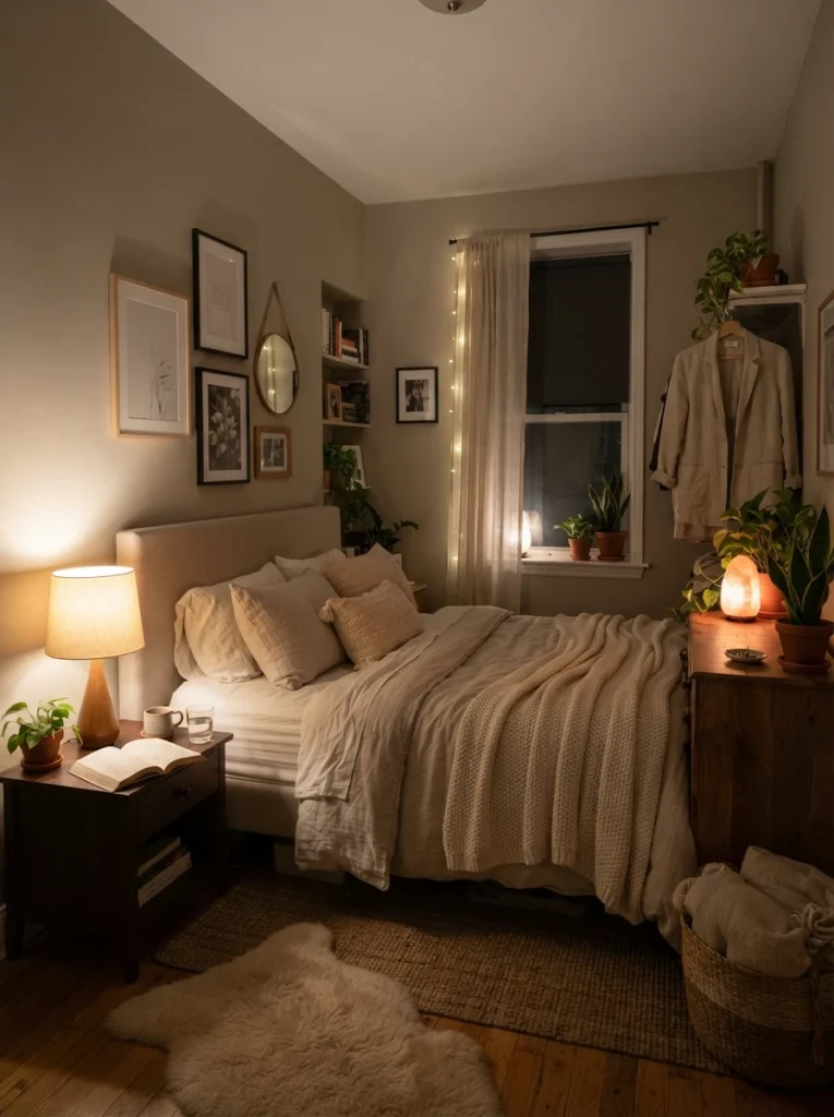 Small apartment bedroom with warm corner lamp softly illuminating dark area, cozy neutral textures, realistic compact layout, layered calming lighting, ultra realistic Pinterest bedroom photography