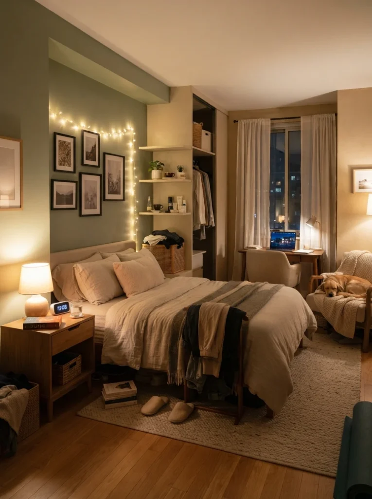 Ultra realistic apartment bedroom arranged around realistic daily routines, warm layered lighting, cozy practical layout, calming compact atmosphere, Pinterest-style interior photography