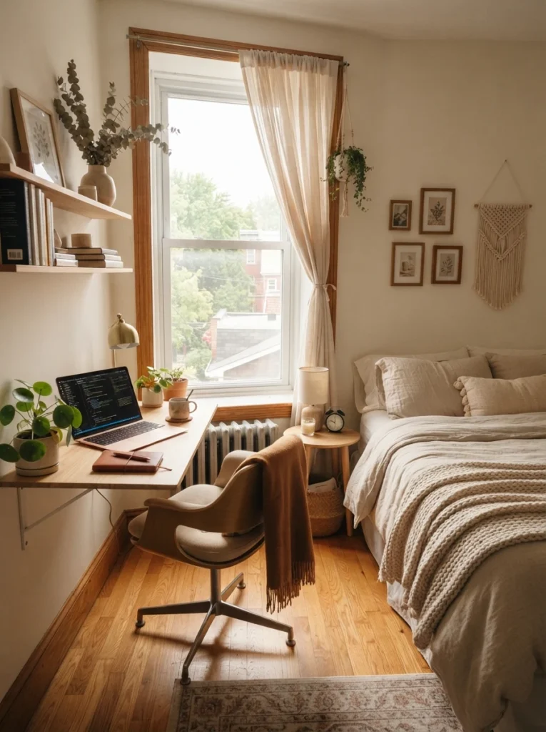 Small cozy apartment bedroom with floating furniture and visible flooring, warm layered textures, airy calming atmosphere, realistic apartment proportions