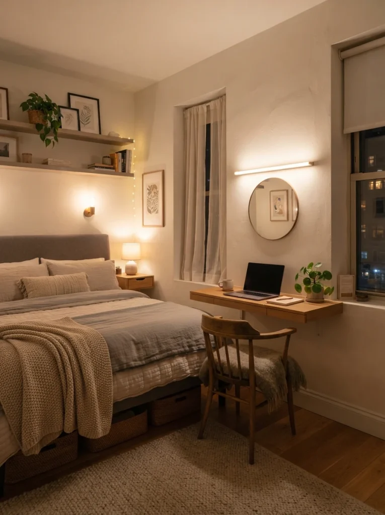 Tiny apartment bedroom with slim floating desk and warm ambient lighting, cozy realistic layout, clutter-free surfaces, ultra realistic Pinterest interior photography