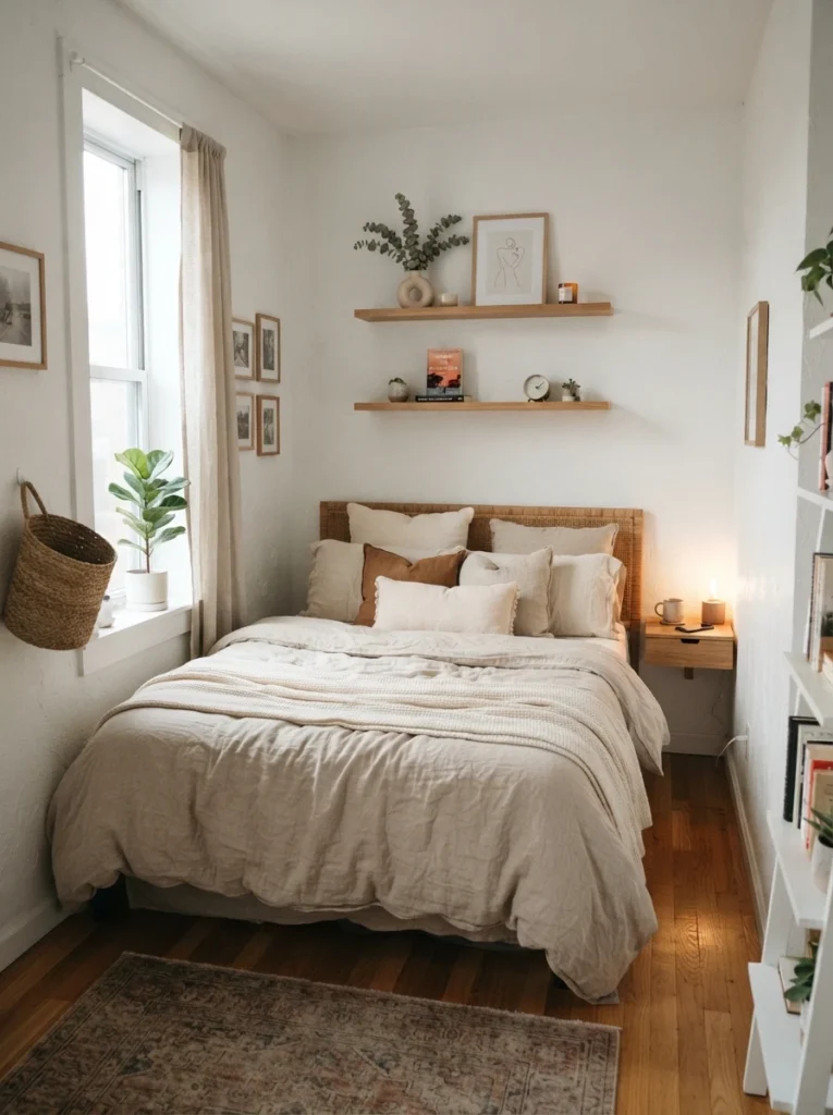 Tiny apartment bedroom with slim floating shelves, warm oak textures, soft layered bedding, realistic compact proportions, calming uncluttered atmosphere, ultra realistic Pinterest bedroom photography