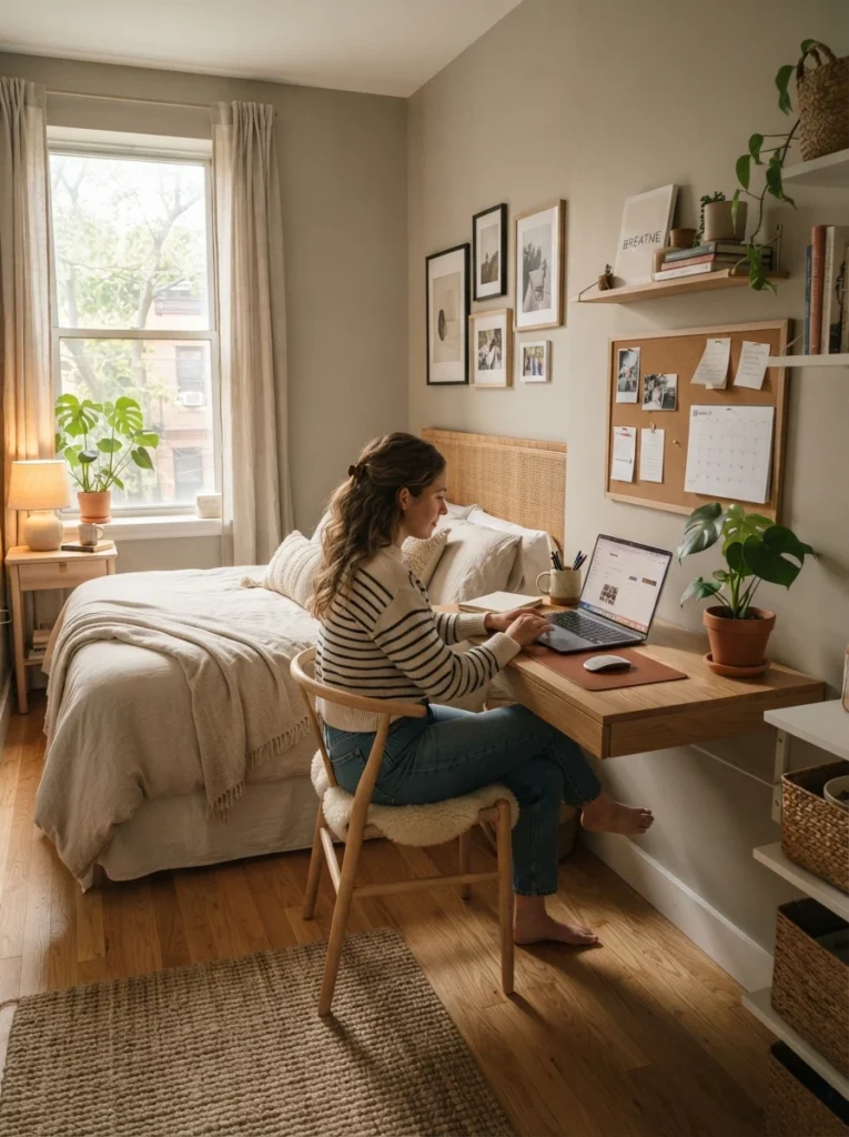 Realistic small bedroom with intentionally balanced furniture placement, soft layered textures, warm oak flooring, cozy apartment atmosphere, visually harmonious layout, Pinterest-style ultra realistic photography