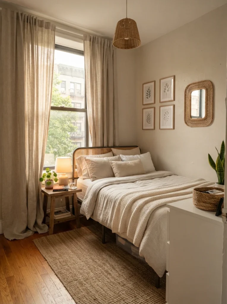 Tiny apartment bedroom with floor-length linen curtains, warm filtered daylight, cozy neutral bedding, soft shadows, realistic renter-friendly layout, calm airy atmosphere, ultra realistic Pinterest home decor photography